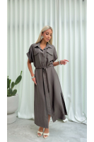 Sukienka Koszulowa Maxi Premium Wiązana w Pasie Elegancka Oversize Guziki Kieszenie - fango